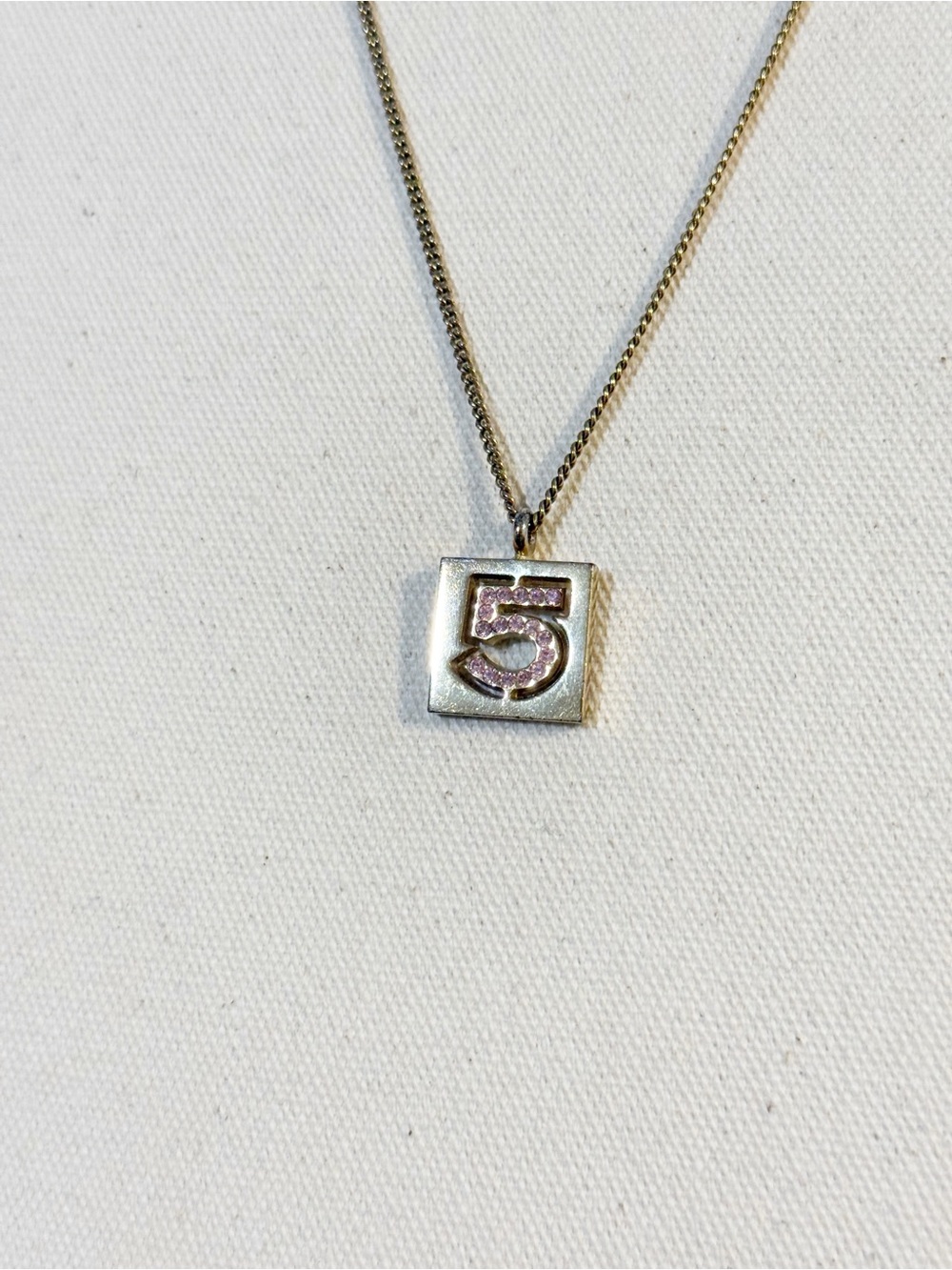 Chanel Vintage 24K Gold Plated Pink No.5 Rhinestone Pendant Necklace - Picture 10 of 16